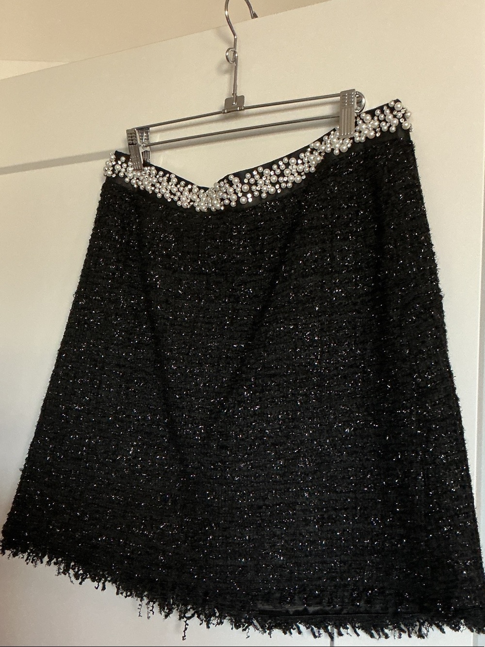 Black Tweed A-Line Pearl Trim Skirt